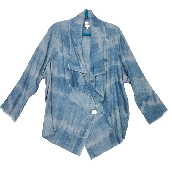 Catherine Bacon Sz L Indigo Shibori Dyed Jacket MOP Button Lagenlook 100% Linen - Picture 1 of 8